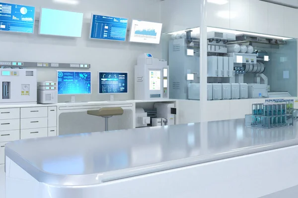 Rendering Weißen Futuristischen Labor Halbleiter Fertigung Fabrik Mit Maschine Computerbildschirm — Stockfoto