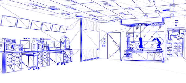 3Dレンダリング機械 コンピュータ画面とロボットアームのスケッチと半導体製造工場の白い未来的な研究室のインテリア — ストック写真