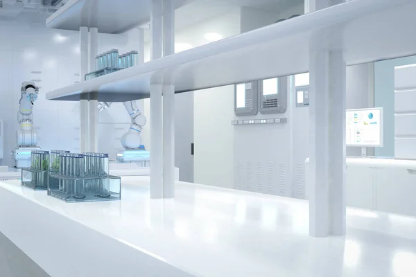 3Dレンダリング機械 コンピュータ画面とテストチューブと半導体製造工場で白い未来的な研究所 — ストック写真