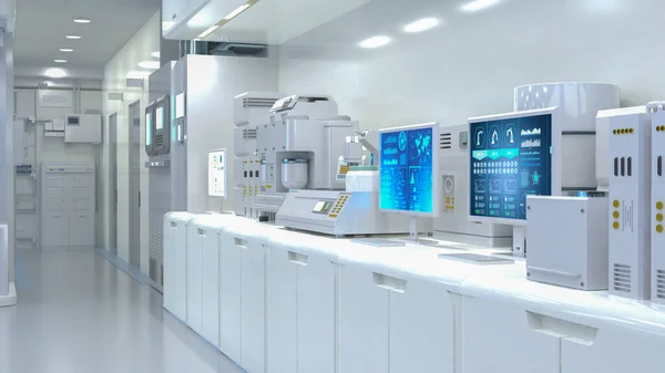 Renderizado Laboratorio Futurista Blanco Fábrica Fabricación Semiconductores Con Máquina Pantalla — Foto de Stock