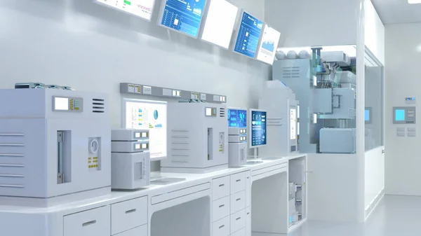 3Dレンダリング機械とコンピュータ画面を持つ半導体製造工場で白い未来的な研究所 — ストック写真