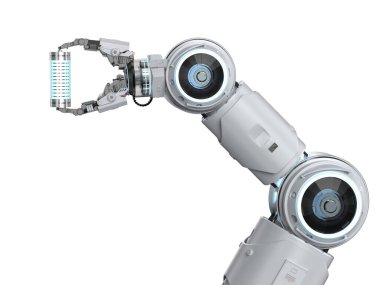 Otomasyon bataryası üretimi 3d rendering li-ion veya yeniden şarj edilebilir pil beyaz zemin üzerinde robotik kol tarafından üretilir
