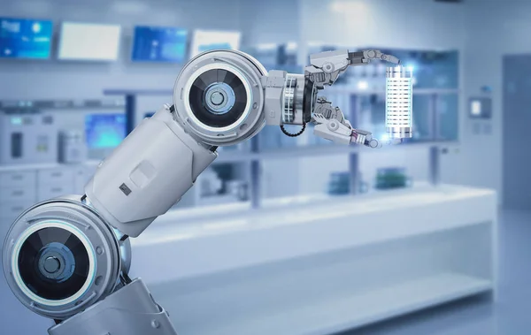 Batteriforskning Och Utveckling Med Rendering Robot Hand Hålla Jon Eller — Stockfoto