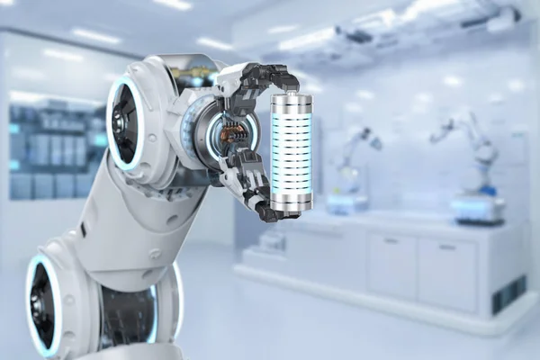 Investigación Desarrollo Baterías Con Robot Renderizado Mano Ion Batería Recargable — Foto de Stock