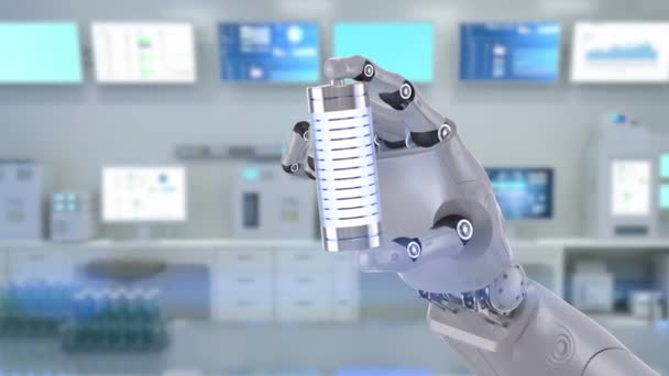 机器人手拿着锂离子或充电电池在实验室里 — 图库视频影像