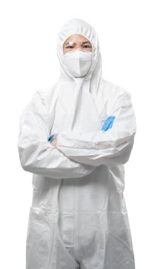 Worker wears medical protective suit or white coverall suit with mask and goggles fold arms isolated on white background