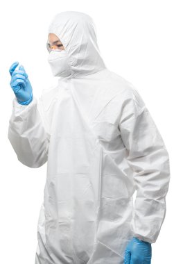 Worker wears medical protective suit or white coverall suit with mask and goggles hand extend isolated on white background