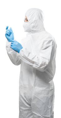 Worker wears medical protective suit or white coverall suit with mask and goggles hand extend isolated on white background