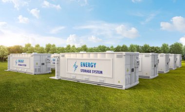 3d rendering group of energy storagy systems or ess farm field