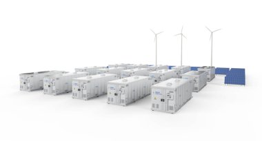 3d rendering amount of energy storage systems or battery container units with solar and turbine farm