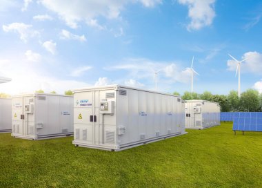 3d rendering amount of energy storage systems or battery container units with solar and turbine farm