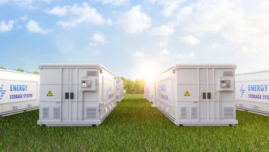 3d rendering group of energy storage systems or battery container units on field