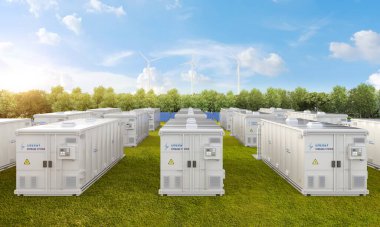 3d rendering amount of energy storage systems or battery container units with solar and turbine farm
