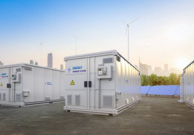 3d rendering amount of energy storage systems or battery container units with solar and turbine farm