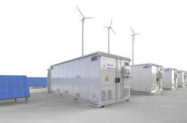 3d rendering amount of energy storage systems or battery container units with solar and turbine farm