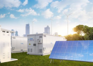 3d rendering amount of energy storage systems or battery container units with solar and turbine farm