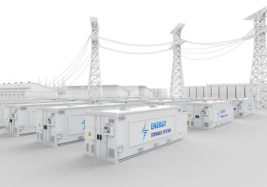 3d rendering energy storage system or battery container unit with white industry model or smart industrial estate park for infrastructure development