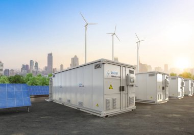 3d rendering amount of energy storage systems or battery container units with solar and turbine farm