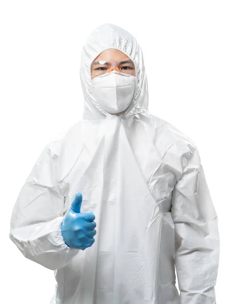 Worker Wears Medical Protective Suit White Coverall Suit Mask Goggles — Stok fotoğraf