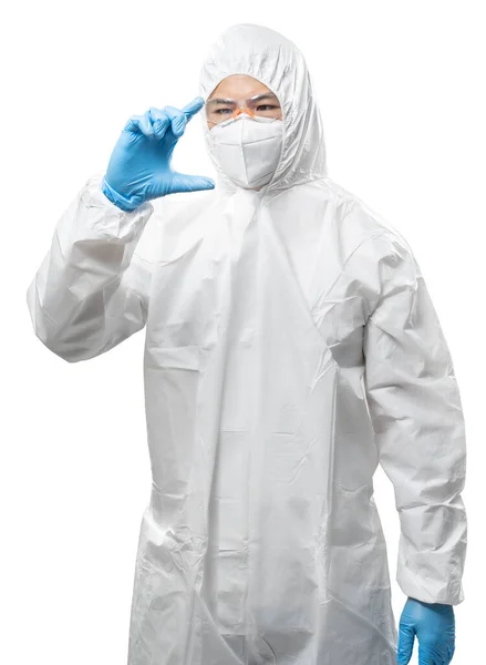 Worker Wears Medical Protective Suit White Coverall Suit Mask Goggles — Stockfoto