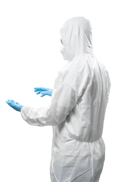 Worker Wears Medical Protective Suit White Coverall Suit Mask Goggles — Fotografia de Stock