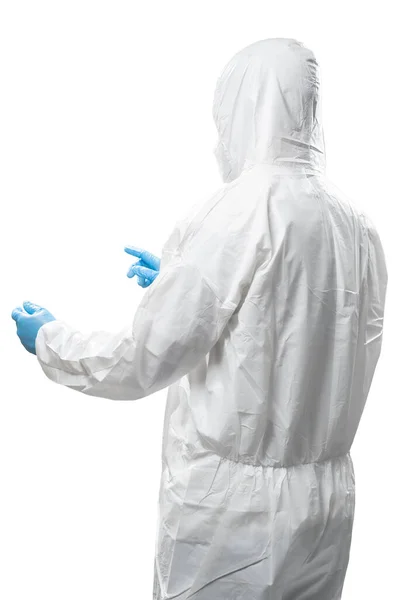 Worker Wears Medical Protective Suit White Coverall Suit Mask Goggles — Stok fotoğraf