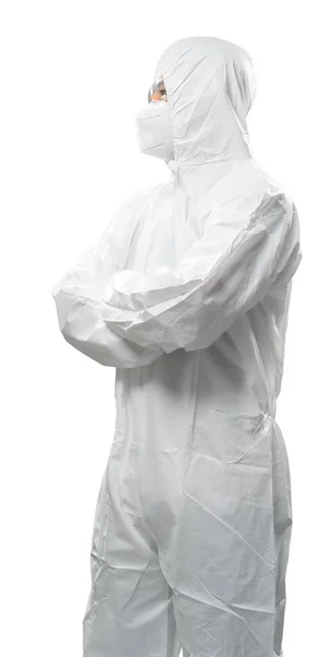 Worker Wears Medical Protective Suit White Coverall Suit Mask Goggles — Fotografia de Stock
