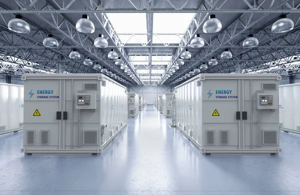 3d rendering energy storage system or battery container units in factory or warehouse