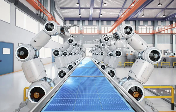 Automation factory with 3d rendering robot assembly line produce solar panels