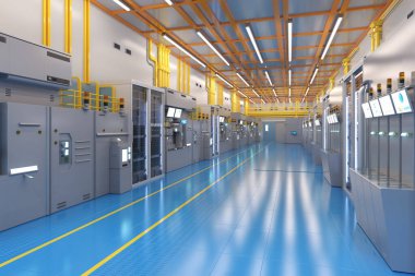 3d rendering white futuristic semiconductor manufacturing factory or laboratory interior with machine and computer screen