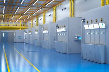 3d rendering white futuristic semiconductor manufacturing factory or laboratory interior with machine and computer screen