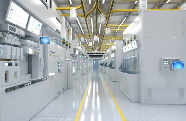 3d rendering white futuristic semiconductor manufacturing factory or laboratory interior with machine and computer screen