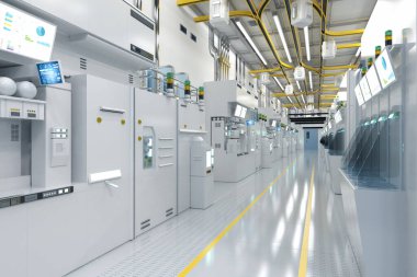 3d rendering white futuristic semiconductor manufacturing factory or laboratory interior with machine and computer screen