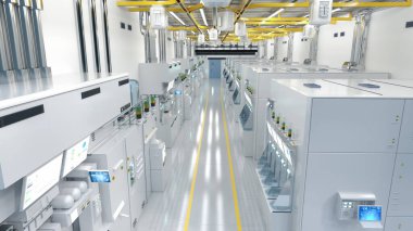 3d rendering white futuristic semiconductor manufacturing factory or laboratory interior with machine and computer screen