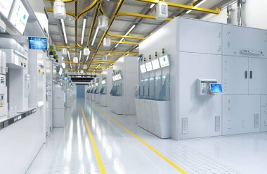3d rendering white futuristic semiconductor manufacturing factory or laboratory interior with machine and computer screen