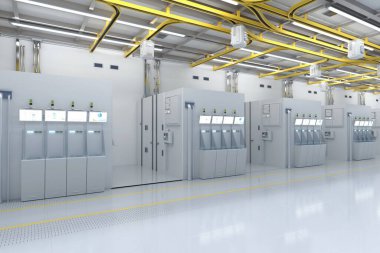 3d rendering white futuristic semiconductor manufacturing factory or laboratory interior with machine and computer screen