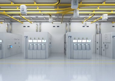 3d rendering white futuristic semiconductor manufacturing factory or laboratory interior with machine and computer screen