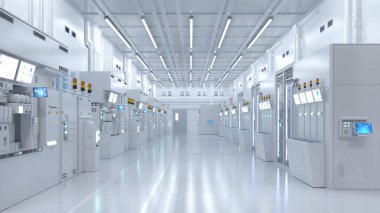 3d rendering white futuristic semiconductor manufacturing factory or laboratory interior with machine and computer screen