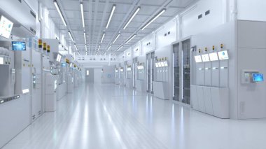 3d rendering white futuristic semiconductor manufacturing factory or laboratory interior with machine and computer screen