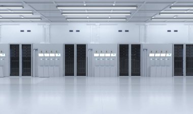 3d rendering white futuristic semiconductor manufacturing factory with machine and computer screen