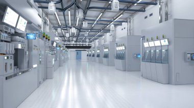 3d rendering white futuristic semiconductor manufacturing factory or laboratory interior with machine and computer screen
