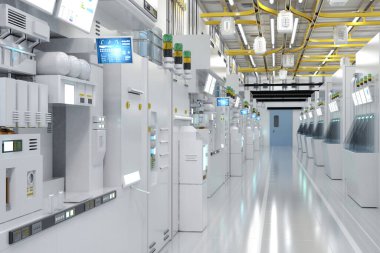 3d rendering white futuristic semiconductor manufacturing factory or laboratory interior with machine and computer screen