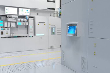 3d rendering white futuristic semiconductor manufacturing factory or laboratory interior with machine and computer screen