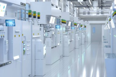 3d rendering white futuristic semiconductor manufacturing factory or laboratory interior with machine and computer screen