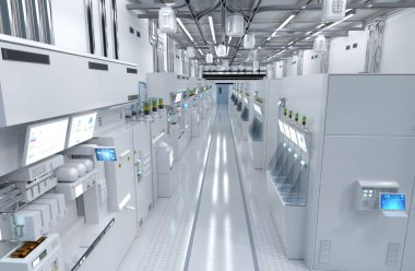 3d rendering white futuristic semiconductor manufacturing factory or laboratory interior with machine and computer screen