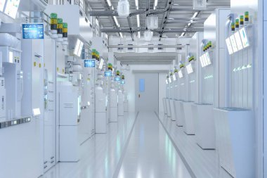 3d rendering white futuristic semiconductor manufacturing factory or laboratory interior with machine and computer screen