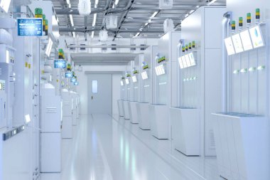 3d rendering white futuristic semiconductor manufacturing factory or laboratory interior with machine and computer screen