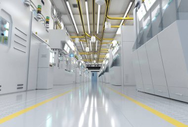 3d rendering white futuristic semiconductor manufacturing factory or laboratory interior with machine and computer screen