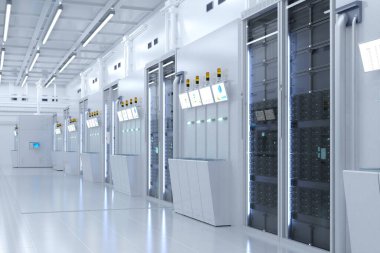 3d rendering white futuristic semiconductor manufacturing factory with machine and computer screen