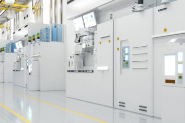3d rendering white futuristic semiconductor manufacturing factory or laboratory interior with machine and computer screen